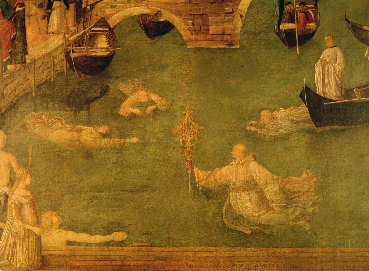 Miracolo della Croce al Ponte di S. Lorenzo (dettaglio) monaci che nuotano, 1500 da Gentile Bellini