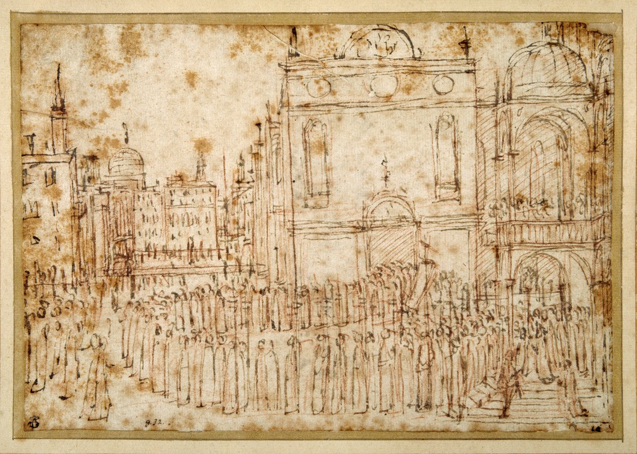 Processione veneziana che si sposta da una scuola a una chiesa adiacente da Gentile Bellini