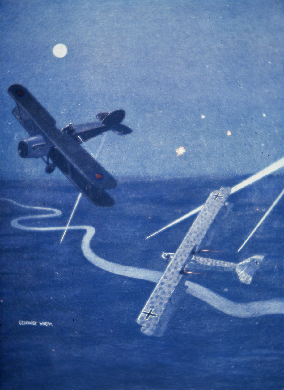 Combattente di Bristol attacca un bombardiere Gotha tedesco su Londra di notte da Geoffrey Watson