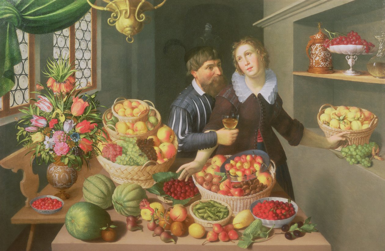Uomo e Donna davanti a un Tavolo Imbandito con Frutta e Verdura da Georg Flegel