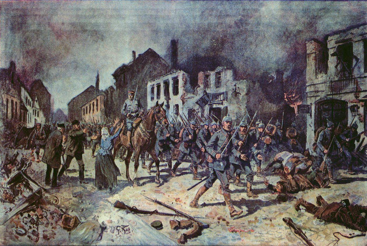 Truppe tedesche che entrano nella città di Ortelsburg durante la battaglia di Tannenberg, agosto 1914 da Georg Koch