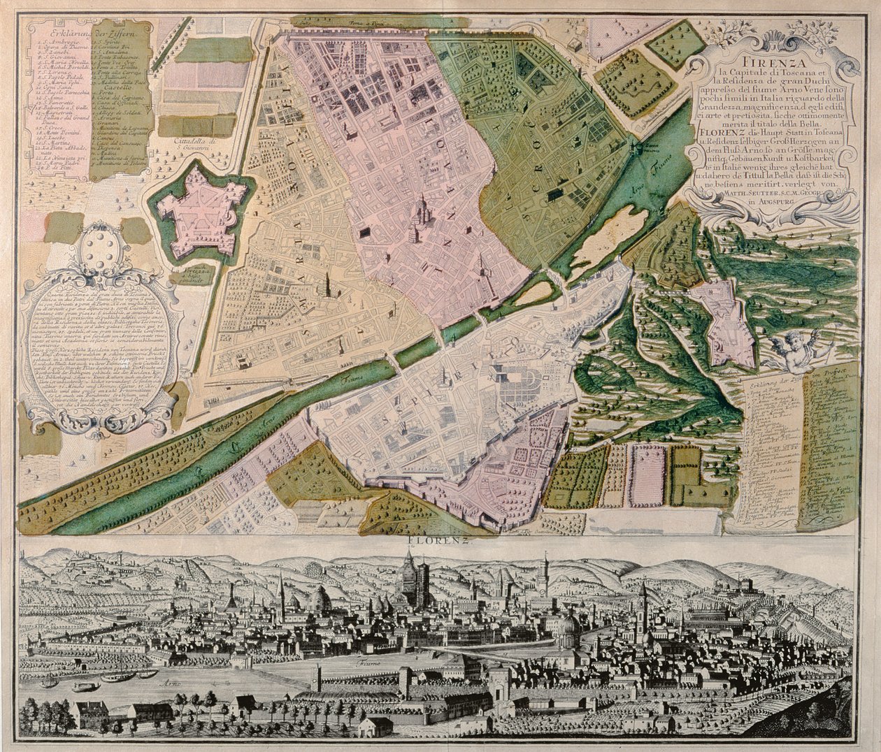 Mappa di Firenze con una vista prospettica, 1750 da Georg Matthäus Seutter