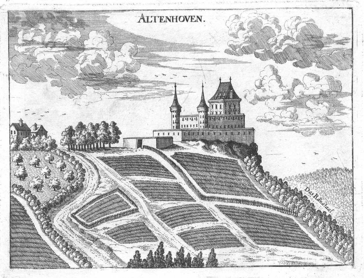 Incisione, vista del castello di Altenhof, Alta Austria da Georg Matthaus Vischer