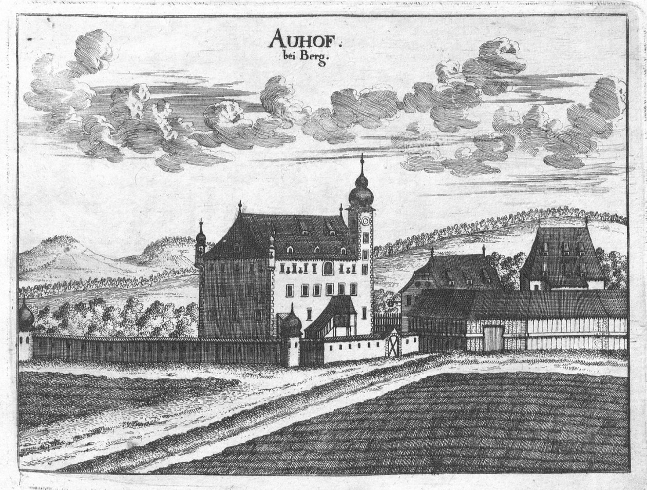 Incisione, vista del castello di Auhof, Alta Austria da Georg Matthaus Vischer