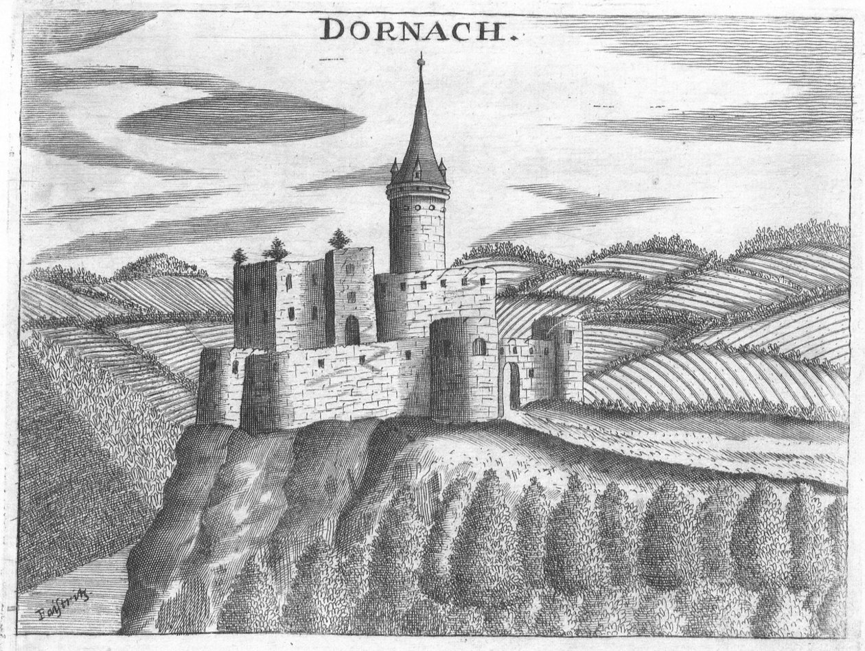 Incisione, vista del castello di Dornach, Alta Austria da Georg Matthaus Vischer