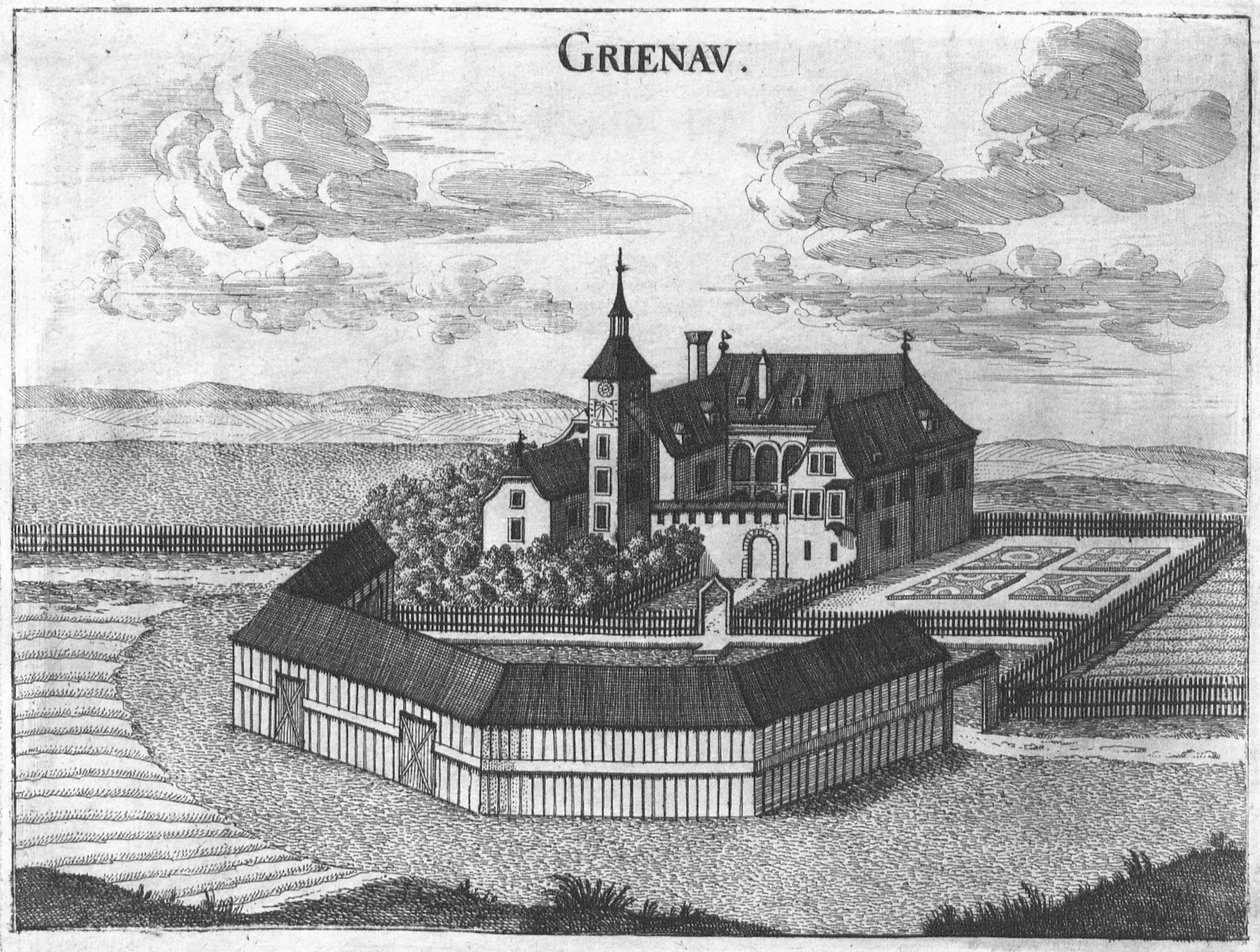 Incisione, vista del castello di Grünau, Alta Austria da Georg Matthaus Vischer