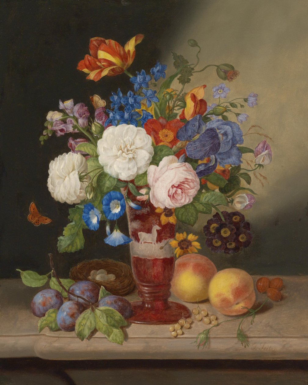 Mazzo di fiori in un vaso, circondato da frutti da Georg Seitz