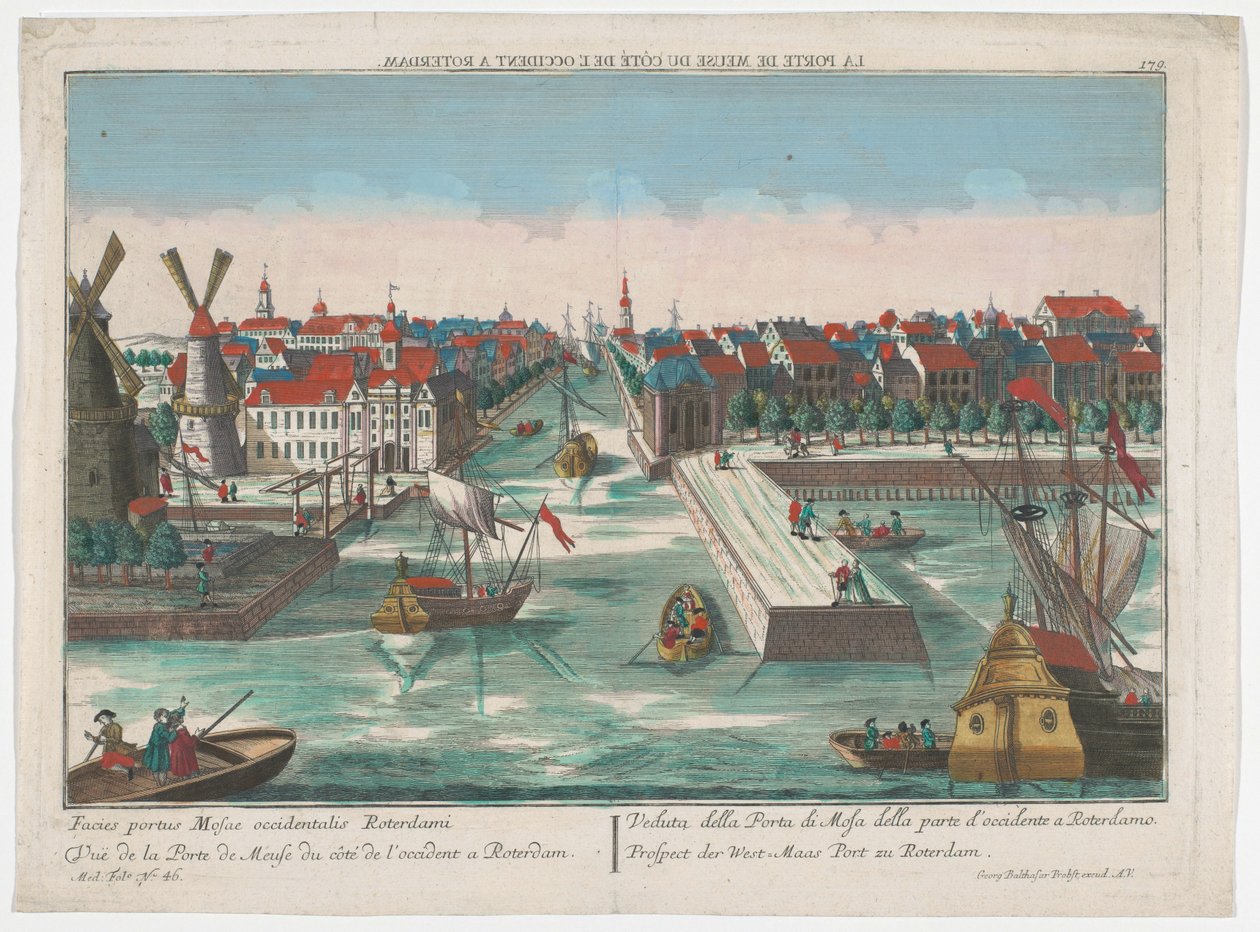 Veduta della Wester Nieuwe Hoofdpoort e della Ooster Nieuwe Hoofdpoort a Rotterdam da Georg Balthasar Probst