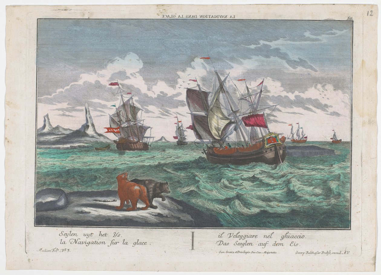 Veduta delle navi che navigano sul mare ghiacciato (Caccia alla balena in Groenlandia) da Georg Balthasar Probst