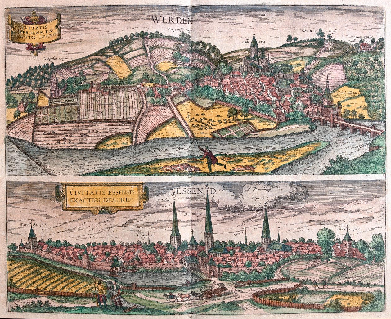 Essen e Werden, Germania - in "Civitates Orbis Terrarum" di Georg Braun, Colonia 1617 da Georg Braun