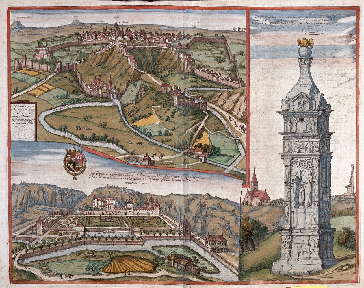 Lussemburgo, il monumento di Igel e il palazzo di Mansfeld Ardenne, Paesi Bassi - in "Civitates Orbis Terrarum" di Georg Braun, Colonia 1617 da Georg Braun