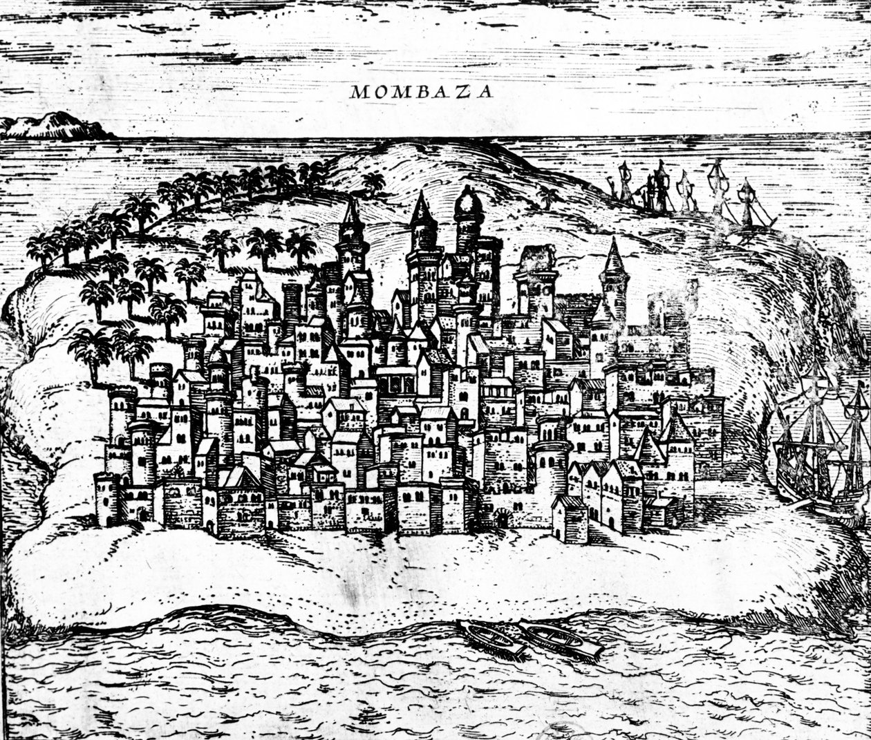 Veduta di Mombaza, da Civitates orbis terrarum di Georg Braun, pubblicato nel 1572 (dettaglio) da Georg Braun und Franz Hogenberg