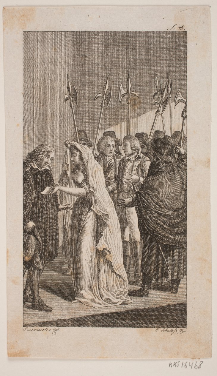 Illustrazione con una giovane donna che consegna una lettera a un uomo anziano. Sullo sfondo due uomini circondati da guardie cittadine da Georg Christian Schule
