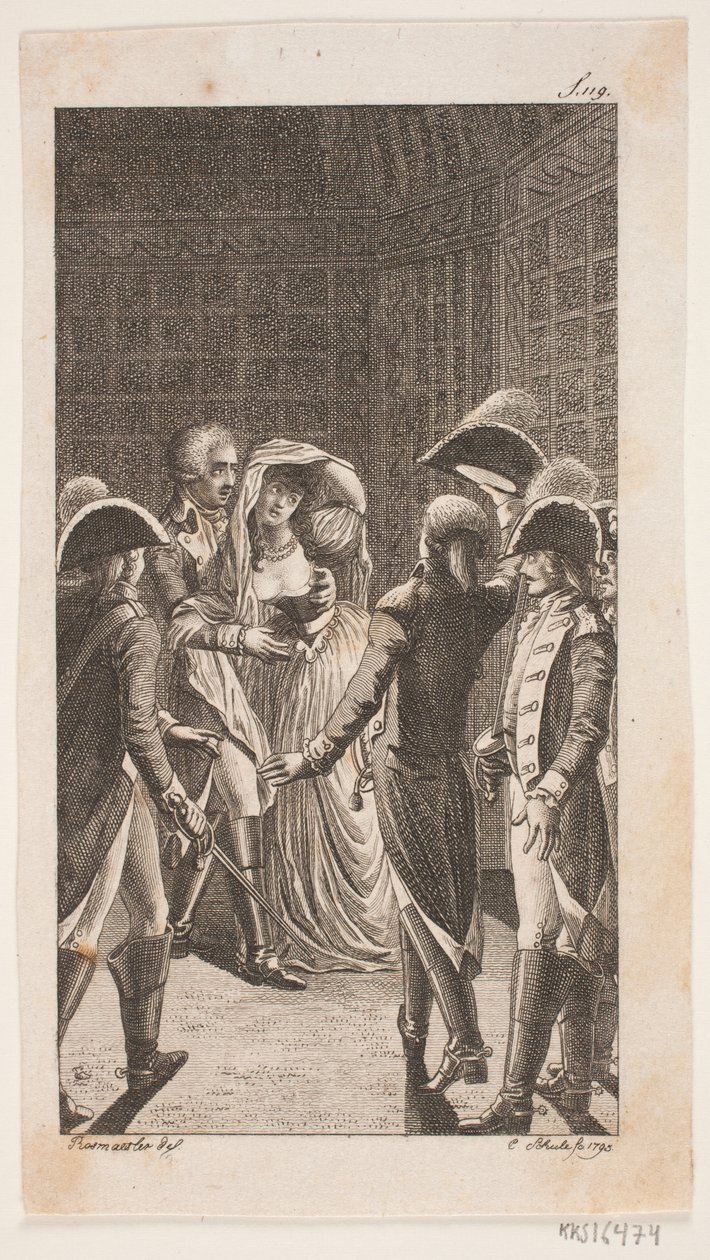 Illustrazione con cinque militari e una signora da Georg Christian Schule