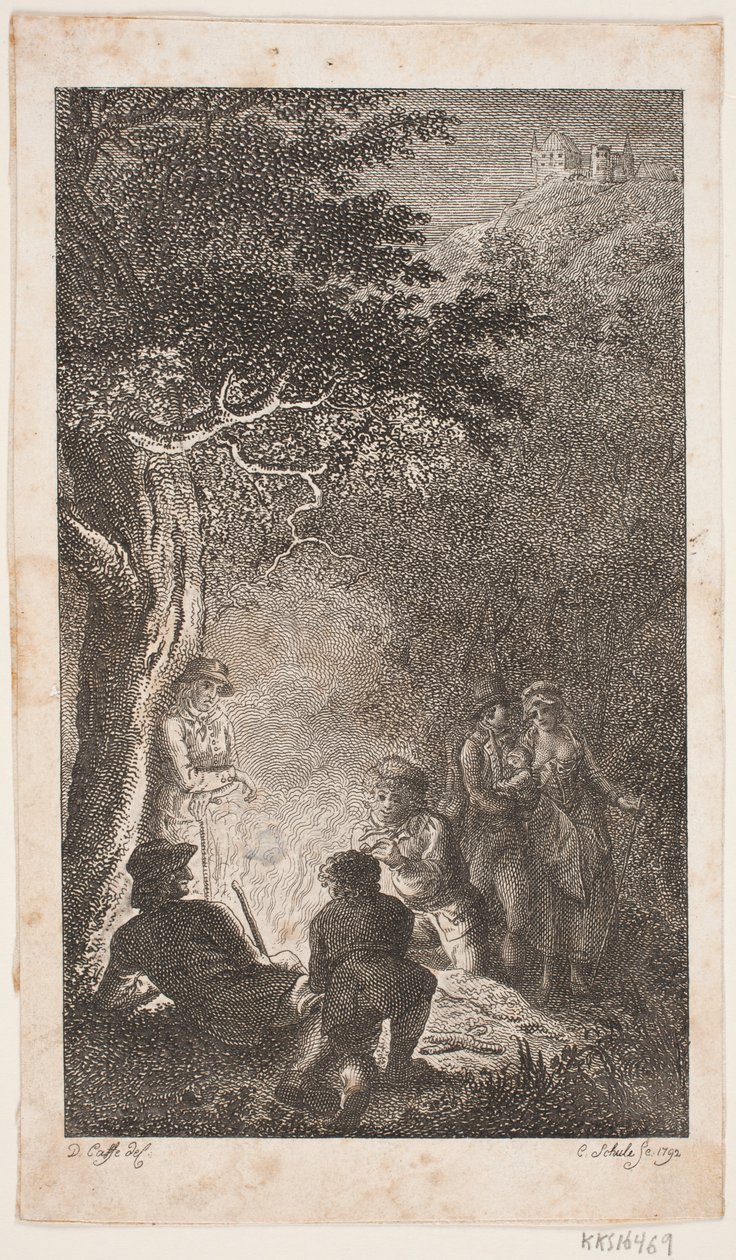 Illustrazione con figure intorno a un falò da Georg Christian Schule