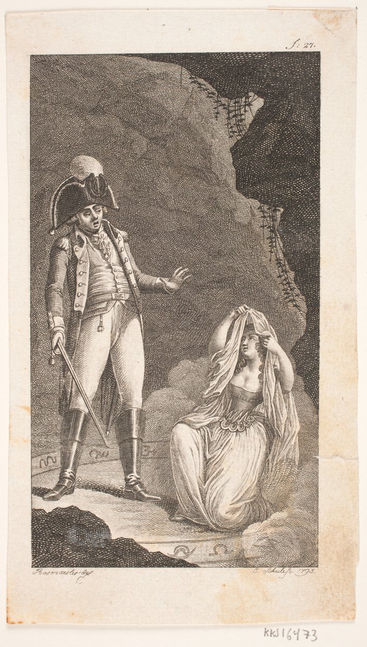 Illustrazione con ufficiale e dama inginocchiata da Georg Christian Schule