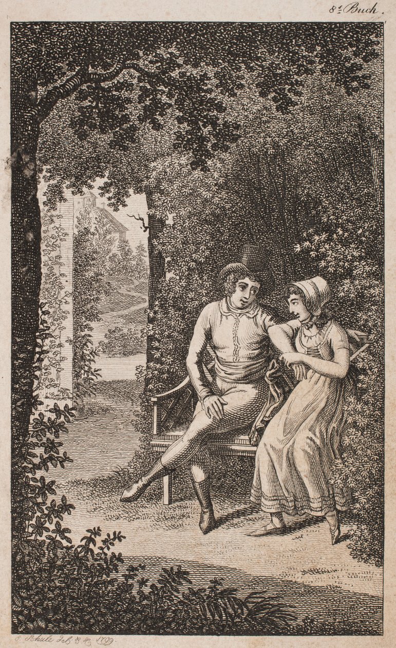 Illustrazione con coppia su una panchina in un giardino da Georg Christian Schule