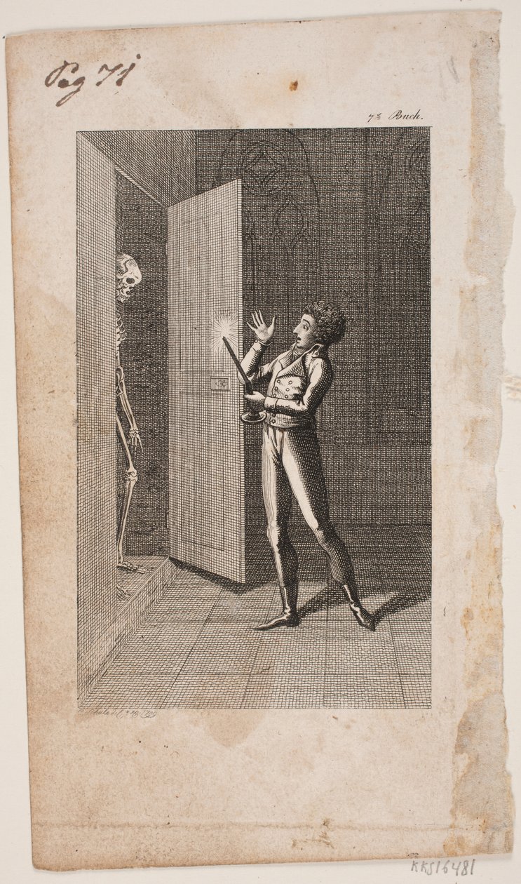Illustrazione con giovane uomo e scheletro da Georg Christian Schule