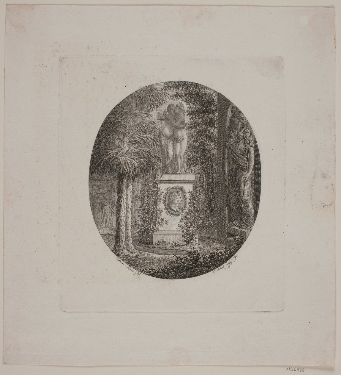 Postament med Amor og Psyke samt en anden skulptur i en have da Georg Christian Schule
