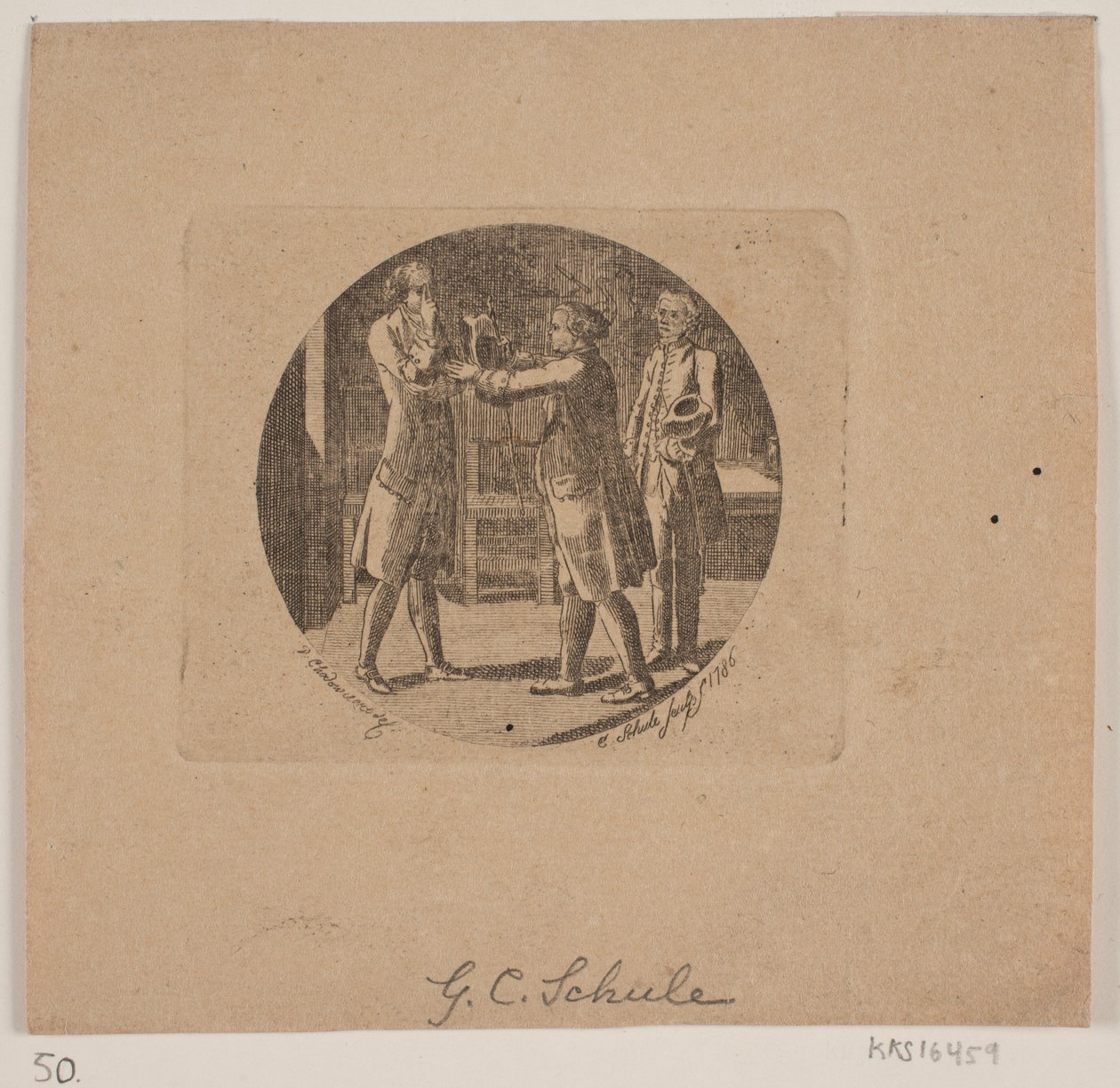 Vignet med tre mænd da Georg Christian Schule