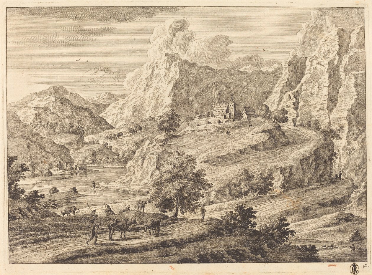 Paesaggio montuoso con figure e un monastero da Georg Eisenmann