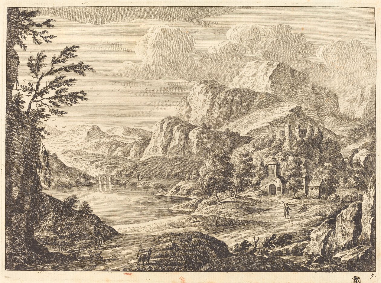Paesaggio montuoso con un castello in rovina e un ponte ad arco in lontananza da Georg Eisenmann