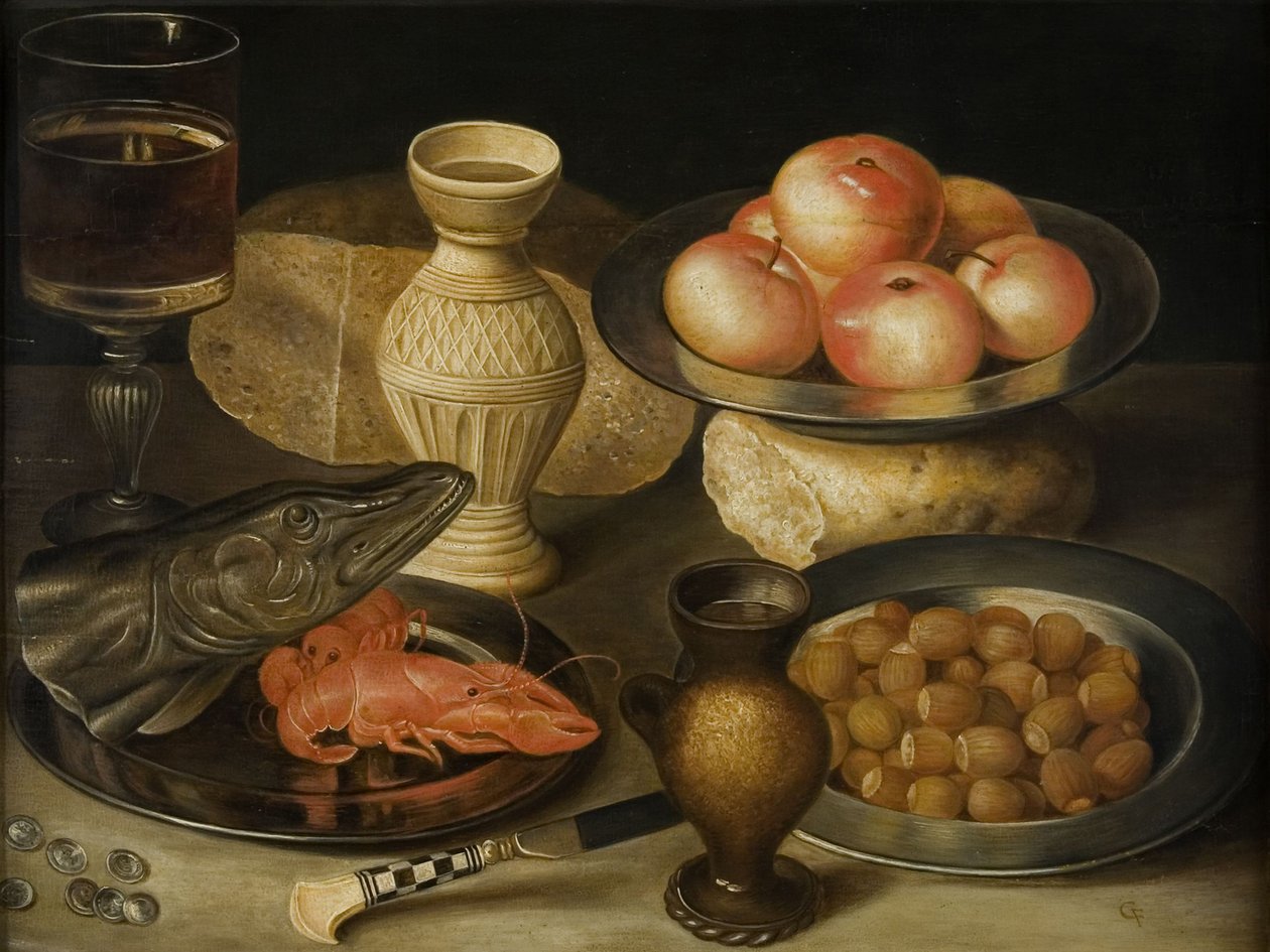 Natura morta con brocca in pietra di Siegburg, bicchiere, coltello, due pagnotte, inizio XVII secolo da Georg Flegel
