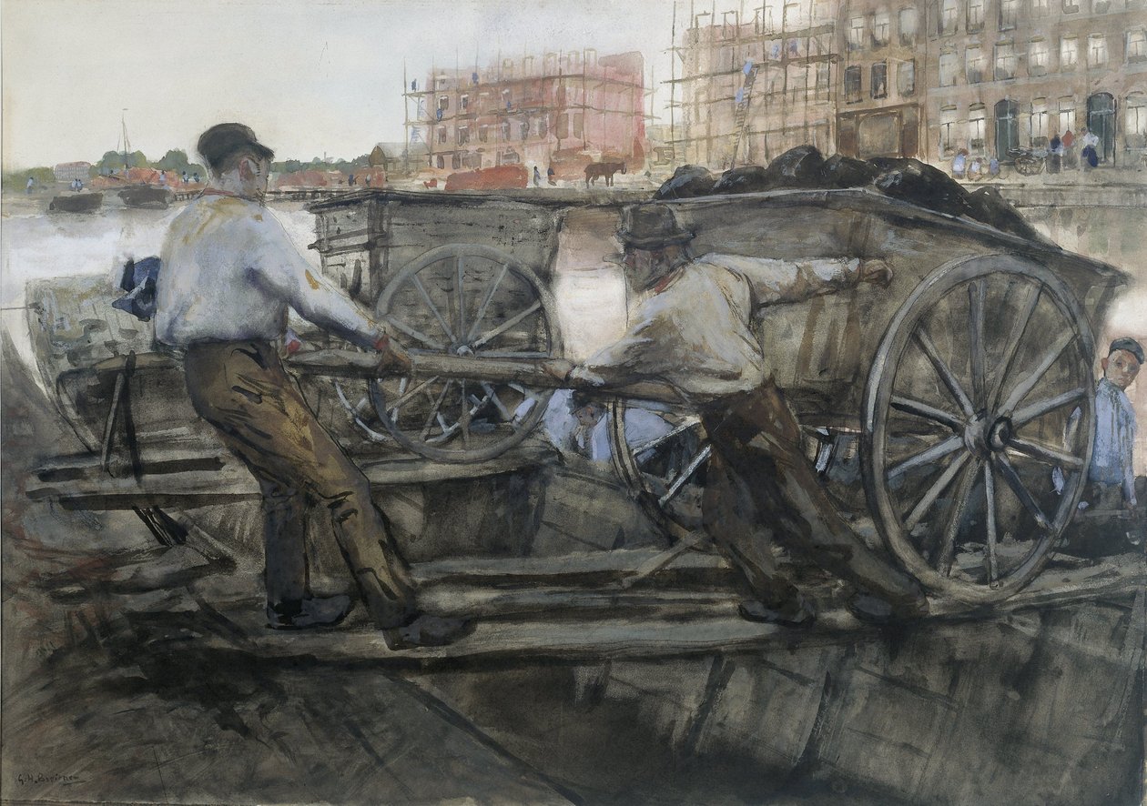 Lavoratori che tirano un carro pesantemente carico su Jacob van Lennepkade, Amsterdam da George Hendrik Breitner