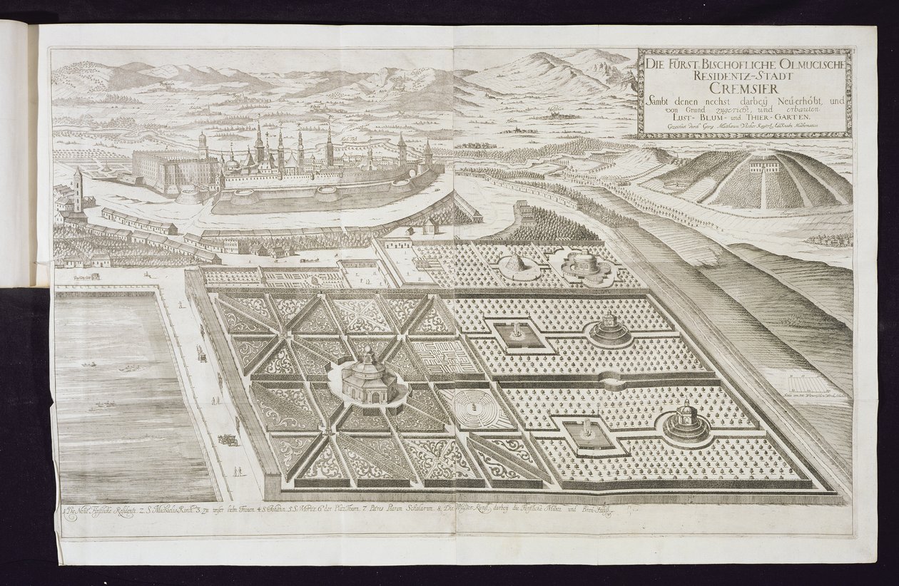 I nuovi giardini a Cremsier, la residenza del principe-vescovo, pubblicato c.1700 da Georg Matthaus Vischer