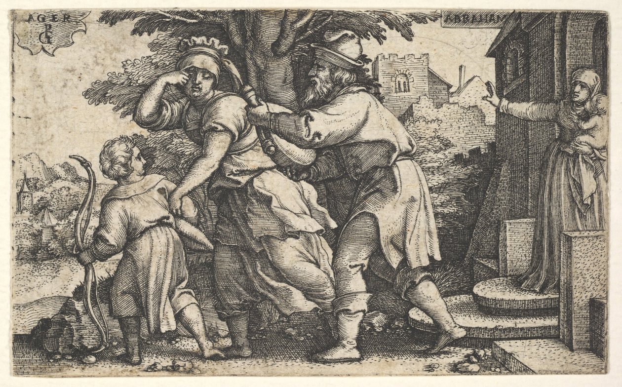 Abramo manda via Agar e Ismaele: Abramo porge un vaso mentre Agar e Ismaele, ca. 1543 da Georg Pencz