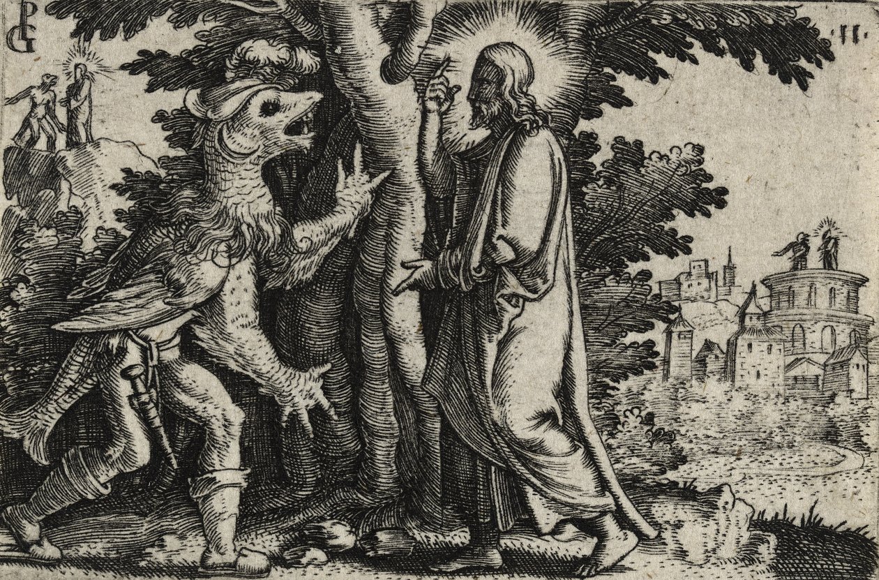 Cristo tentato dal diavolo nel deserto (incisione su carta vergata) da Georg Pencz