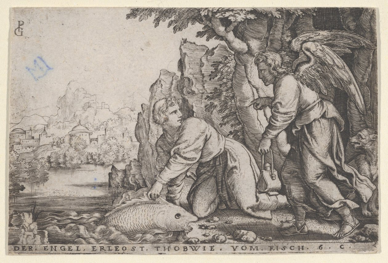 Tobiolo cattura il pesce, dalla Storia di Tobia, 1543 da Georg Pencz