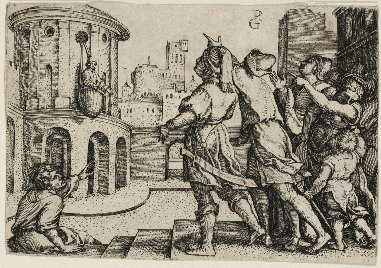 Virgilio sospeso in un cesto, copia da Georg Pencz