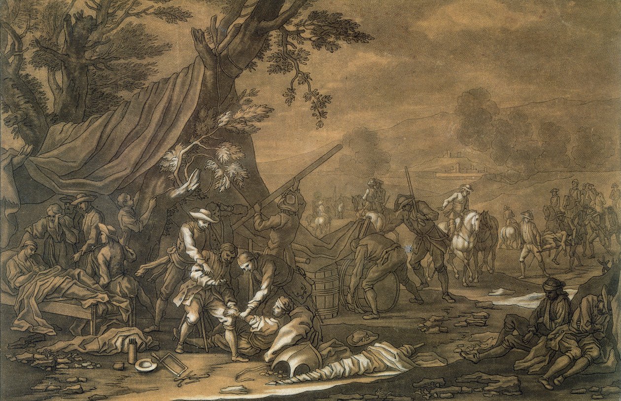Chirurgo militare sul campo di battaglia durante la guerra di successione spagnola, 1707, inciso da Christian Rugendas da Georg Philipp I Rugendas