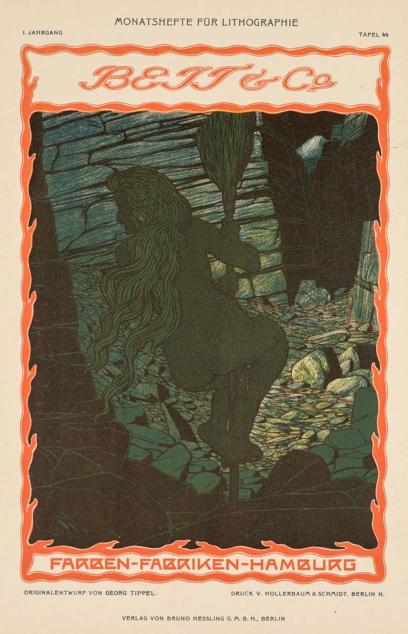 Donna nuda su una scopa (dalla serie pubblicitaria per tessuti colorati, Beit & Co., Amburgo) da Georg Tippel