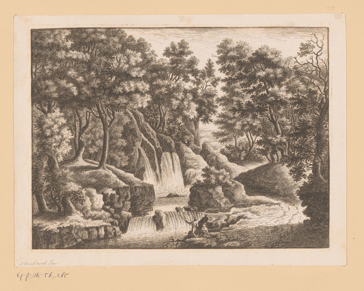 Cascata nel bosco con due pescatori in primo piano da Georg Wolfgang Knorr (possibly)