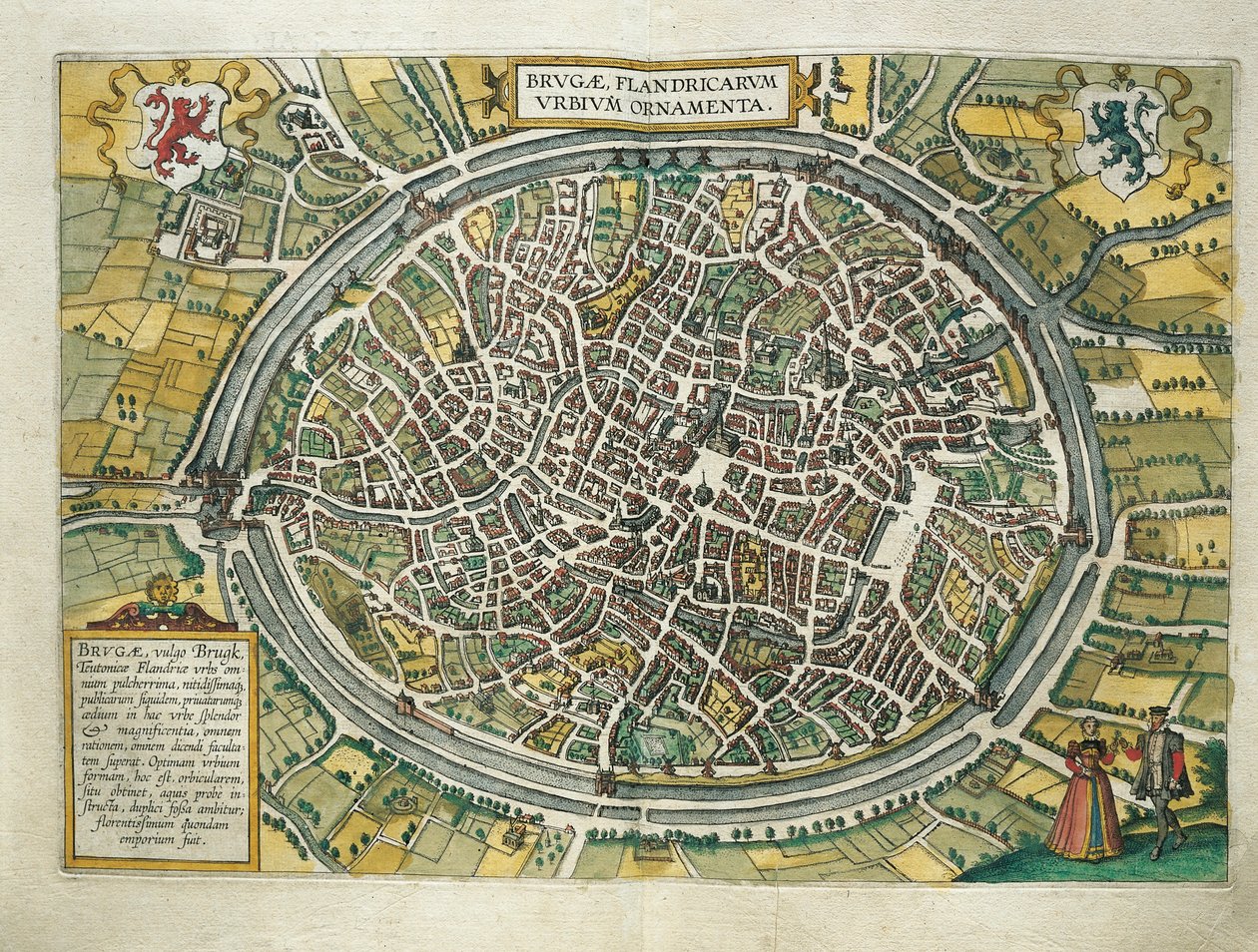 Belgio, mappa di Bruges da Civitates Orbis Terrarum di Georg Braun e Franz Hogenberg, Colonia, incisione da Georg Braun and Hogenberg Franz