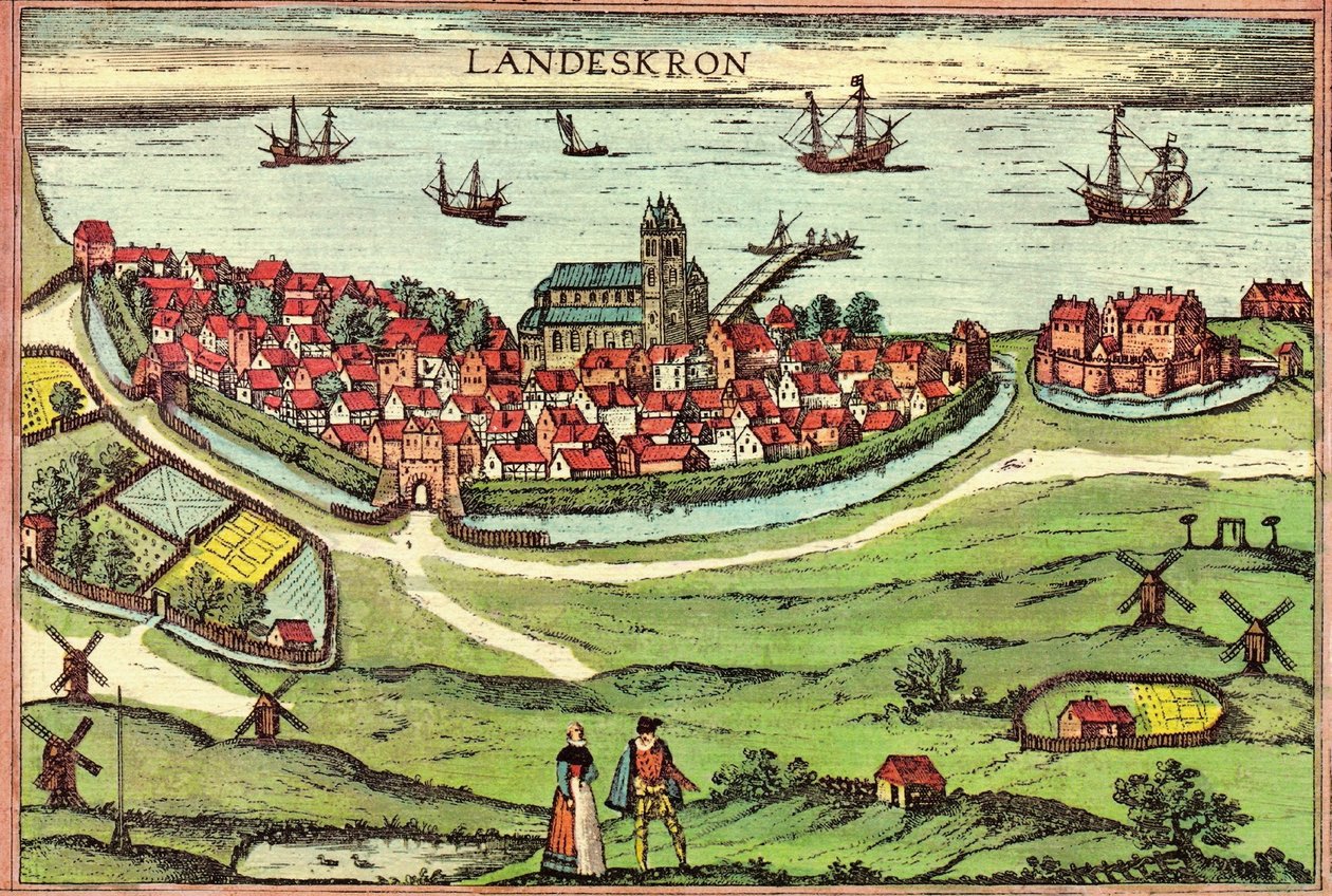 Città di Landskrona, un porto antianseatico, Danimarca da Georg and Hogenberg Franz (1535 90) Braun