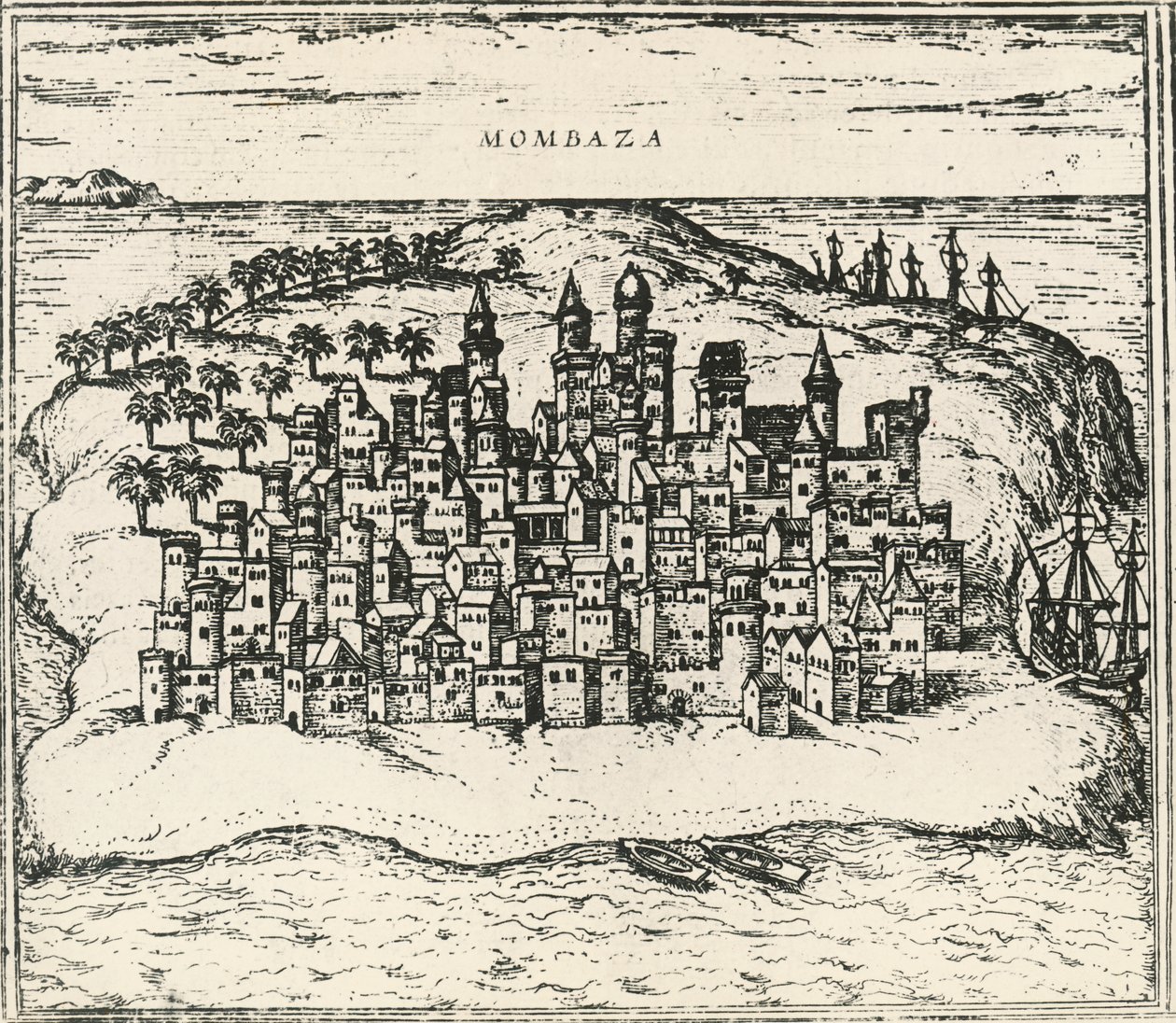 Città di Mombasa in Kenya, incisione da Civitates Orbis Terrarum da Georg Braun and Hogenberg Franz