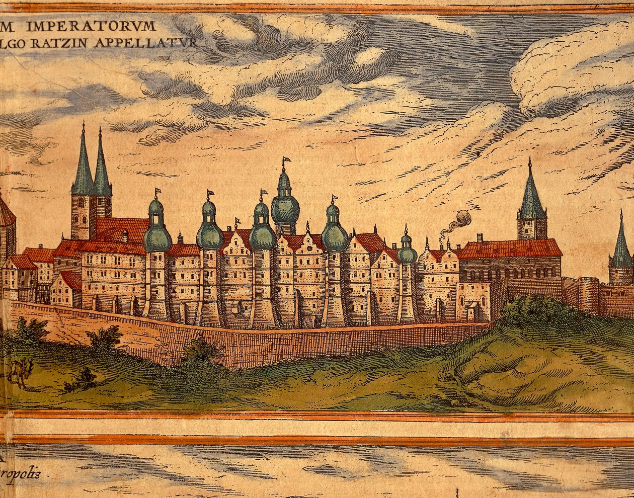 Repubblica Ceca, Praga, Vista del Palazzo, incisione a colori dal Civitates Orbis Terrarum di Georg Braun e Franz Hogenberg da Georg Braun and Hogenberg Franz