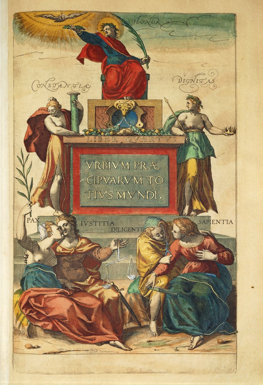 Frontespizio del volume IV raffigurante figure allegoriche dal Civitates Orbis Terrarum di Georg Braun da Georg Braun and Hogenberg Franz