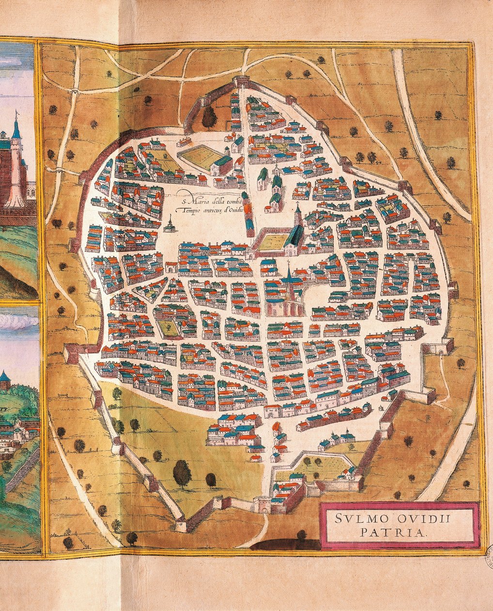 Italia, Sulmona, La città di Sulmona da Civitates Orbis Terrarum, incisione da Georg Braun and Hogenberg Franz
