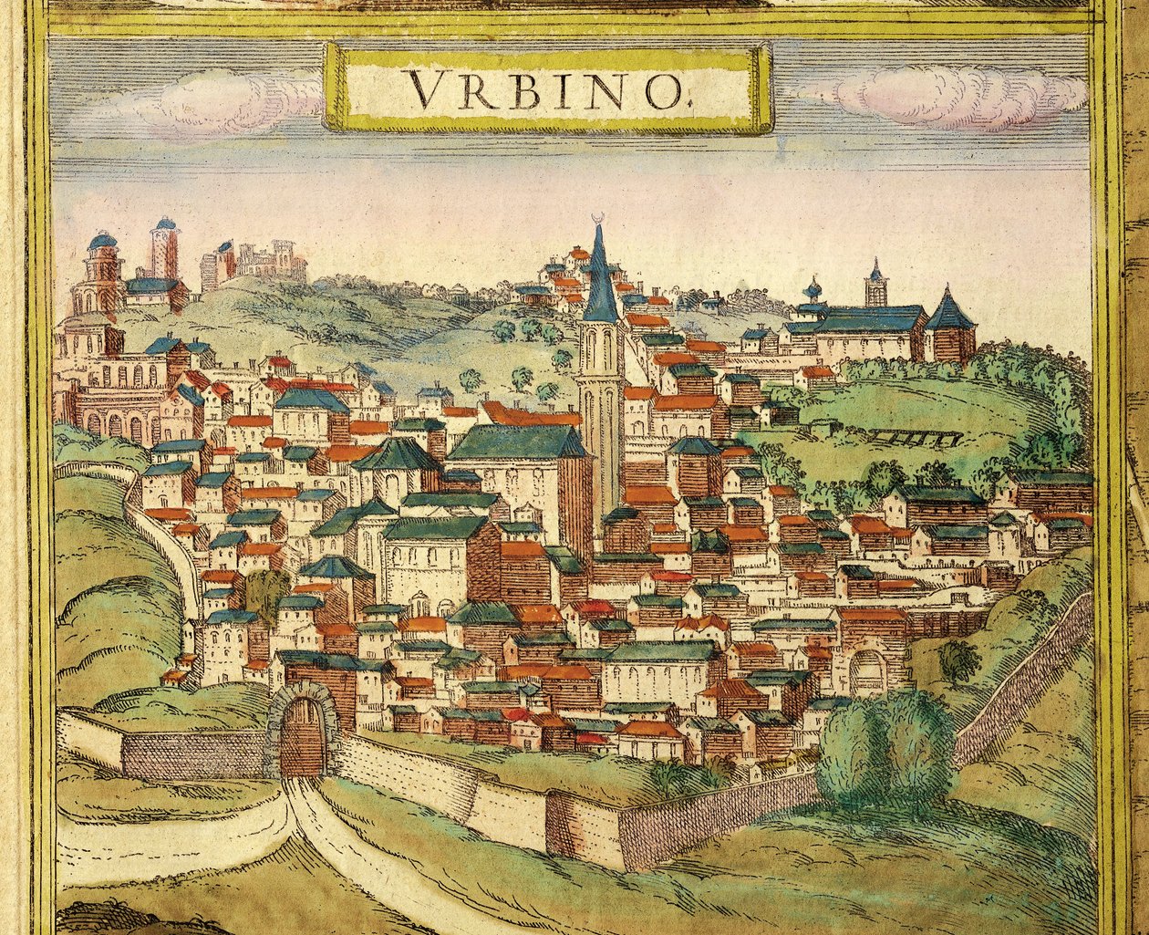 Italia, Urbino, Veduta della città, incisione a colori da Civitates Orbis Terrarum di Georg Braun e Franz Hogenberg da Georg Braun and Hogenberg Franz