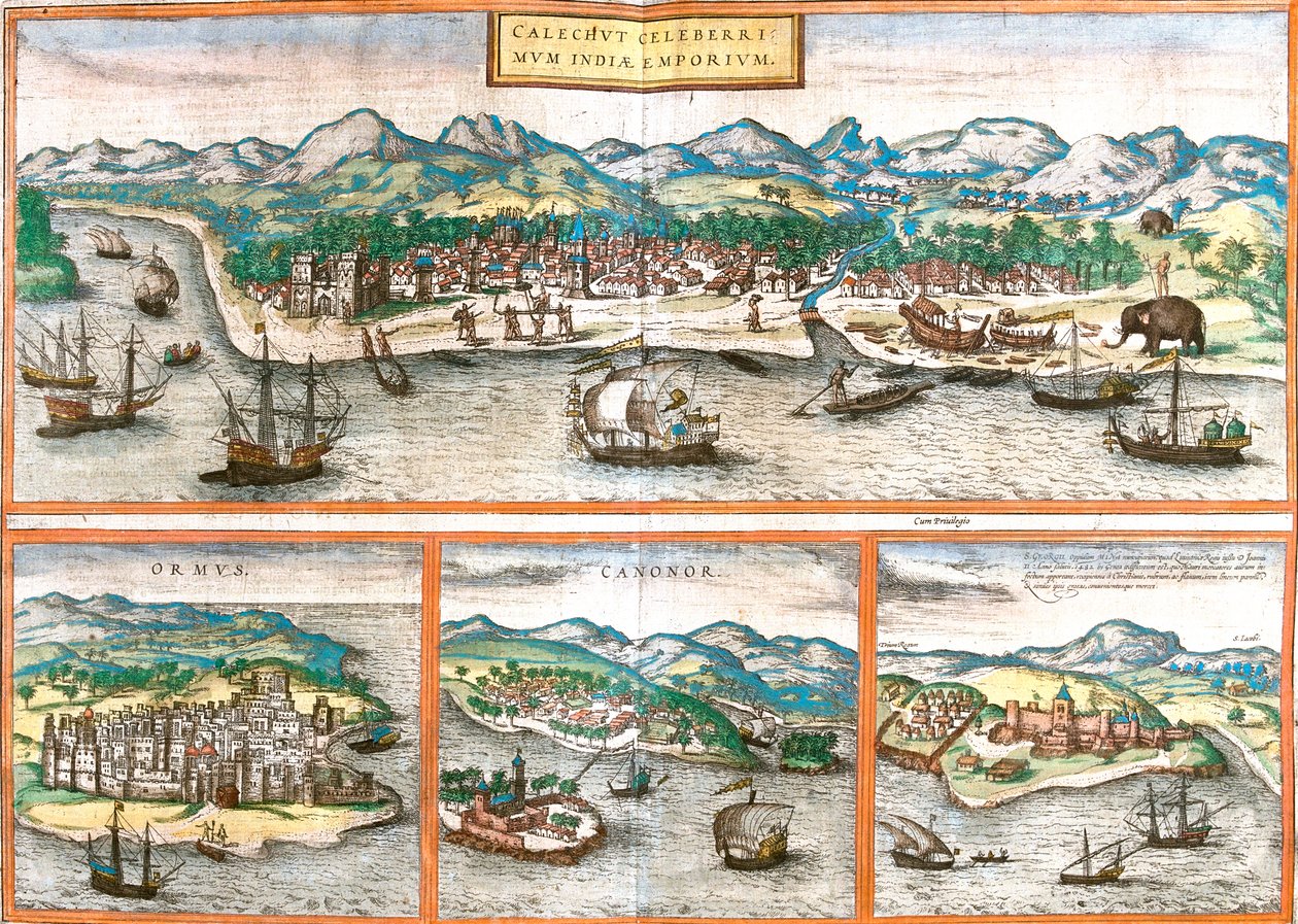 Kozhikode, Isola di Hormuz, Kannur, Elmina, India, Iran, Ghana da Georg and Hogenberg Franz (1535 90) Braun