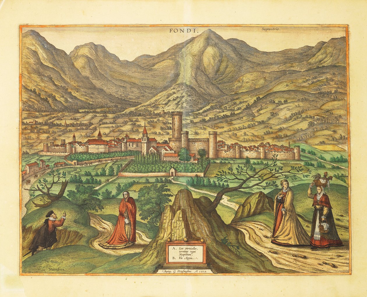 Mappa di Fondi, regione Lazio da Civitates Orbis Terrarum da Georg Braun and Hogenberg Franz