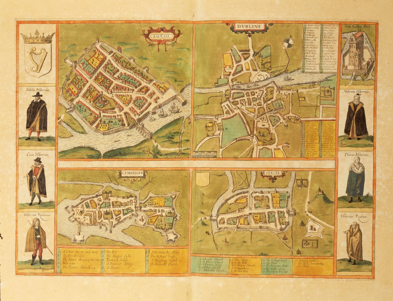 Mappa di Galway, Dublino, Limerick e Cork da Civitates Orbis Terrarum da Georg Braun and Hogenberg Franz