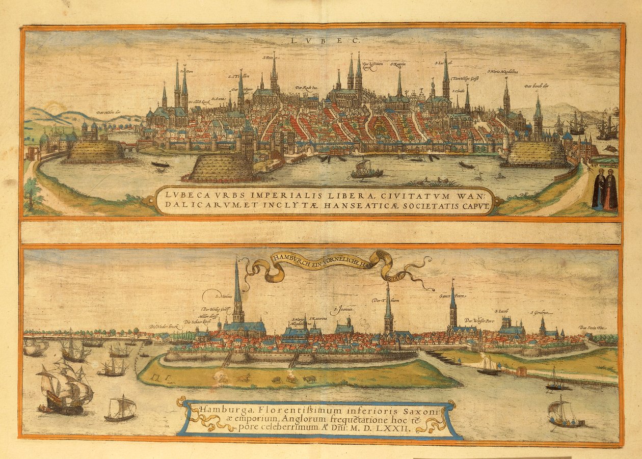 Mappa di Lubecca e Amburgo da Civitates Orbis Terrarum da Georg Braun and Hogenberg Franz