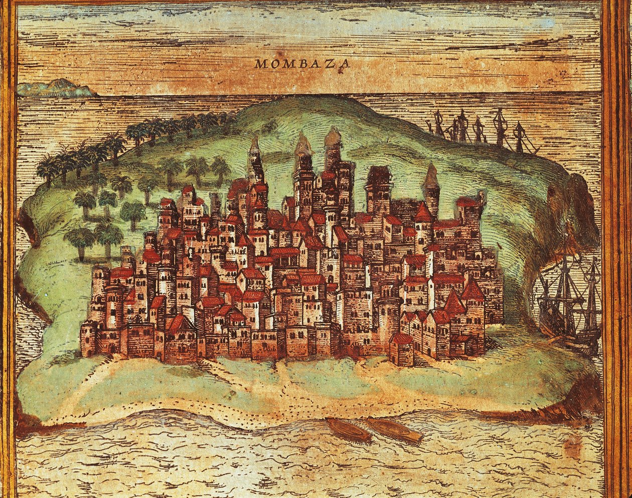 Mappa di Mombasa, Kenya, da Civitates Orbis Terrarum di Georg Braun e Franz Hogenberg, incisione da Georg Braun and Hogenberg Franz