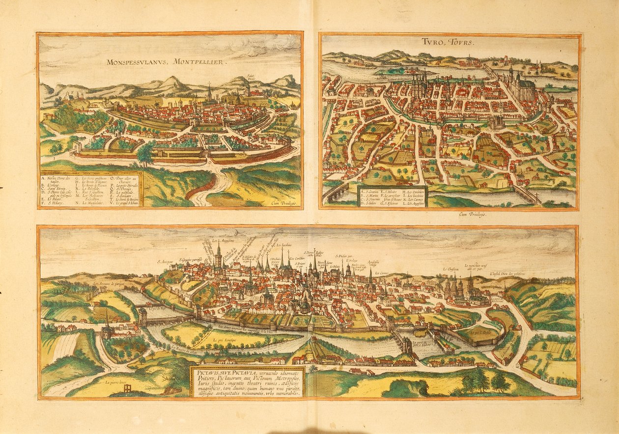 Mappa di Montpellier, Tours e Poitiers da Civitates Orbis Terrarum di Georg Braun da Georg Braun and Hogenberg Franz