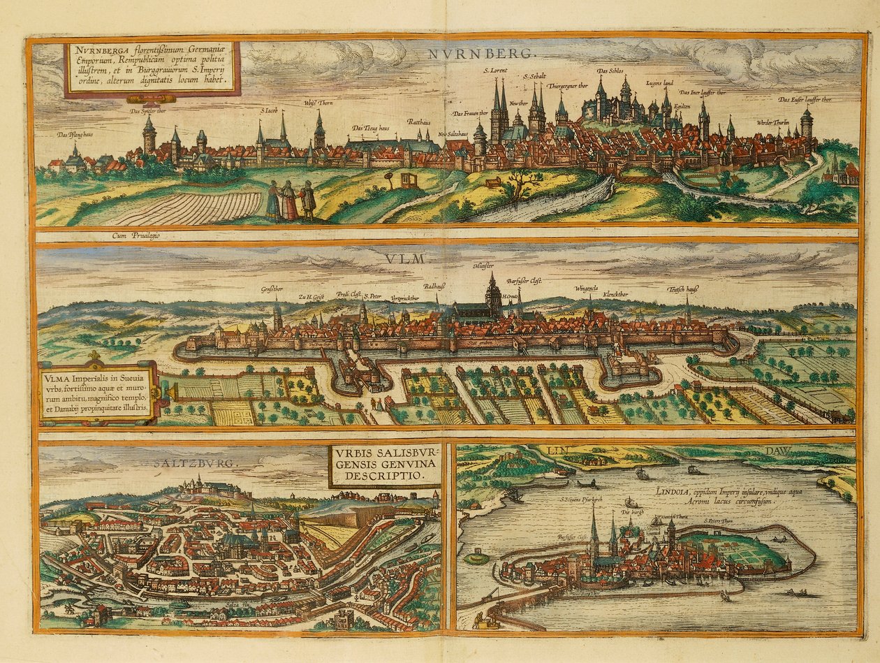 Mappa di Norimberga, Ulma, Salisburgo e Lindau da Civitates Orbis Terrarum da Georg Braun and Hogenberg Franz